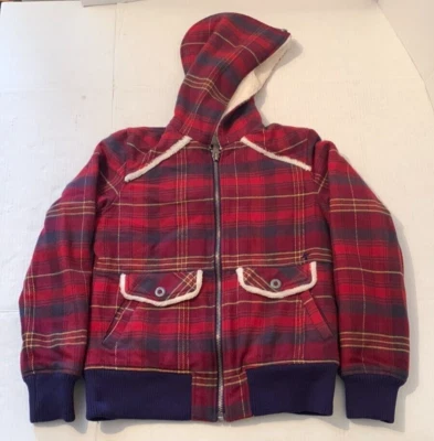 Chaqueta con Capucha Hurley Para Mujer Roja a Cuadros Forrada Sherpa Talla Mediana Cremallera Capucha Cálida Acogedora Foto 1 de 4