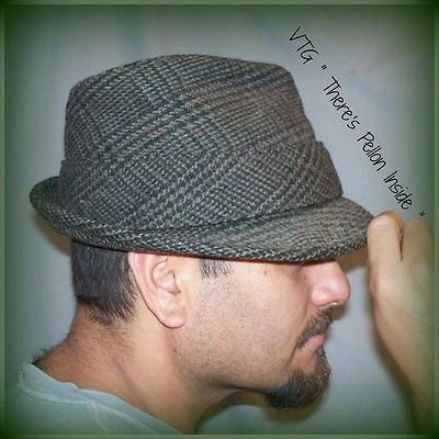 Sombrero Fedora Para Hombre Vintage "There's Pellon Inside" Verde con Lana Negra a Cuadros Foto 1 de 4