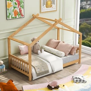 Twin Size House Platform Bed with Headboard and Footboard,Roof Design,Natural - Picture 1 of 10