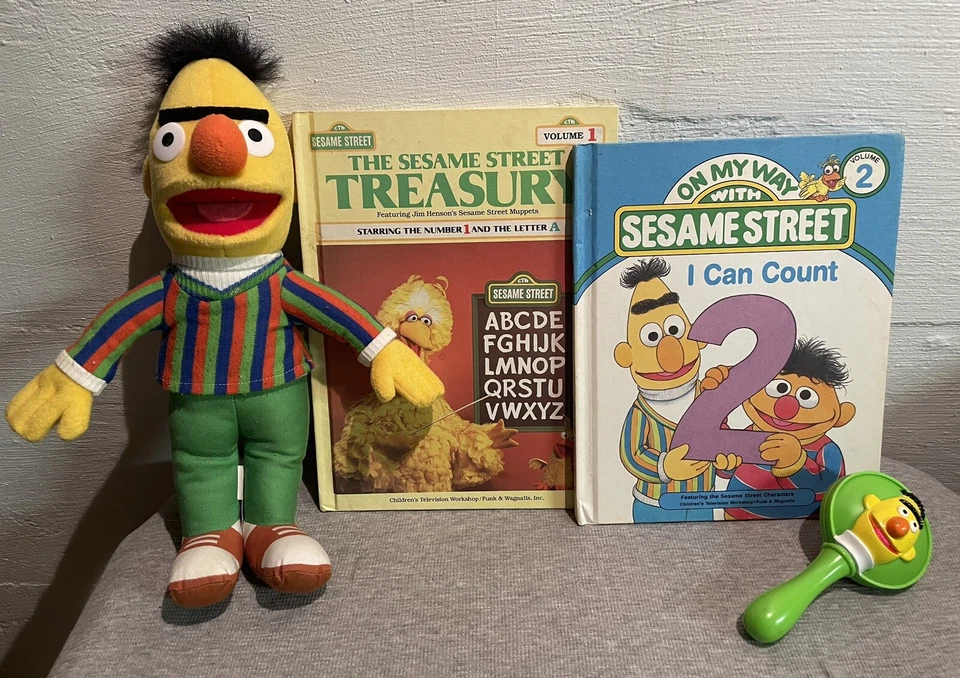 Vintage Sesame Street Bert & Ernie Baby Rattle, 2003 Plush Bert, Two Books HC - Image 1 of 4