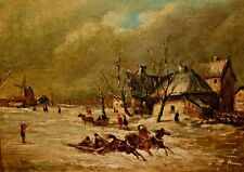 Dutch Impressionist Original Vintage Winter House Lake Landscape Oil Painting