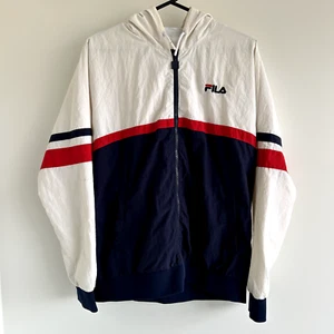 FILA Mens Sports Jacket Hooded Size XL White Blue Red Windcheater Zip front Y2K - Picture 1 of 9