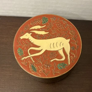 "Caja de 3,5"" baratija redonda antílope ciervo latón esmaltado vintage joyería" - Imagen 1 de 9