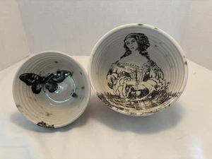 1 Woman & Butterfly Black Transfer Pattern Ceramic Bowls-Glazed - Picture 1 of 16