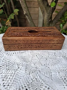 Handcarved Wooden Tissue Box, Wooden Indian Napkin Box, Vintage Asian Wooden   - Picture 1 of 16