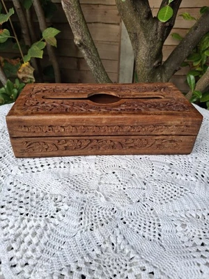 Handcarved Wooden Tissue Box, Wooden Indian Napkin Box, Vintage Asian Wooden   - Image 1 of 4