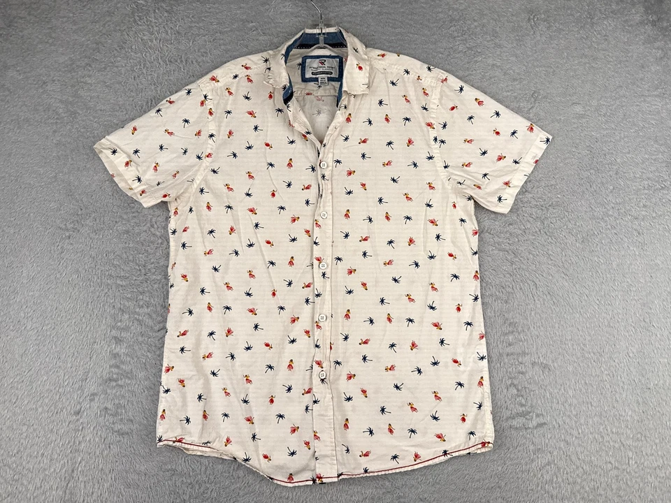 international Report Shirt Men Medium White Palm Tree Luau Girl Hawaiian Cotton - Image 1 of 4