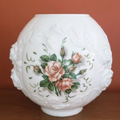 Vintage Hurricane Lamp Shade Replacement Globe Embossed Milk Glass Pink Roses 4" - Image 1 of 4