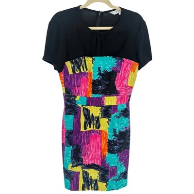 Vestido Vaina Trina Turk Mezcla Seda Negro Estampado Multicolor Manga Corta Fiesta 6 Foto 1 de 4