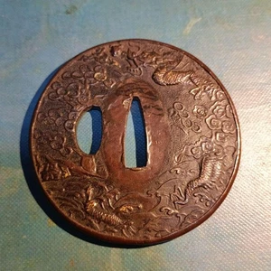 Accesorios de espada Hierro tsuba Antiguo samurai Colección Dragón Flor Nube A339 - Imagen 1 de 7