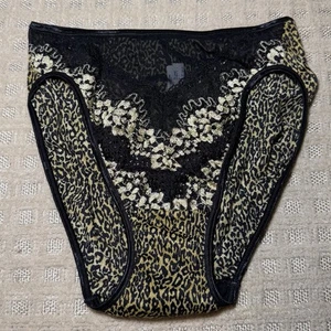 Mutandine bikini nuove senza etichette vintage OLGA leopardate nylon nero oro pizzo 20062 taglio alto M/6 - Foto 1 di 4