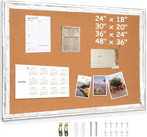 White Cork Board for Wall - 24 X 18 Inches, Rustic Wooden Frame Bulletin Board, - Picture 1 of 9