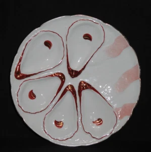 Antique Oyster Plate ~ Unusual Weimer 5 Well ~ Currant Red w/Gold Gilt - Picture 1 of 7