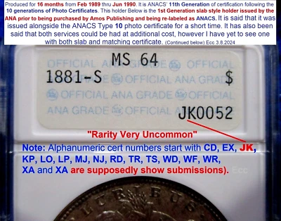 1881s MORGAN DOLLAR RARE LOW SERIAL #JK0052 ANACS 1ST GEN HOLDER Ms64 DUALTONED - Image 1 of 4