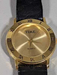 TIME Magazine Gold Tone Dial Round Case Black Leather Band Vintage Men's Watch👀 - Picture 1 of 7