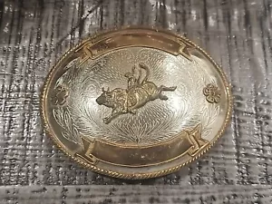 FIBBIA CINTURA RIDER GRANDE VINTAGE TONY LAMA ARGENTO TEDESCO GIOIELLIERI BRONZO TORO - Foto 1 di 5