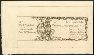 Sardinia, Regie Finanze, Torino, 50 lire, 1-1-1765, unissued, AU. - Picture 1 of 1