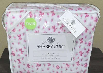 Shabby Chic Rachel Ashwell 粉色蝴蝶结/花卉超柔软毛绒 3 件套双床单套装 — 第 1/3 张图片