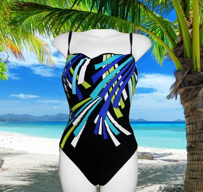 NEW GOTTEX 1 PIECE black w/ blue DESIGN LOW BACK BATHING SUIT SWIMSUIT SIZE 8 - Image 1 of 4