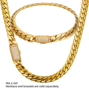 Stainless Steel 9.6mm Gold Plated Miami Cuban Horsewhip Necklace Iced Out Clasp - Picture 1 of 8