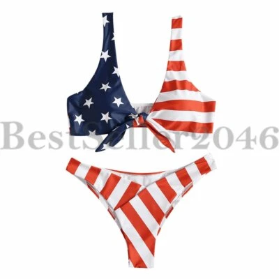 Women's American Flag Bikini Swimsuit Halter Padded High Cut Two Piece Swimwear - Image 1 of 4