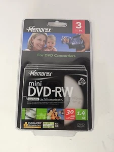 Memorex Mini DVD-RW 3 Pack 2X 1.4GB 30 min Single Sided DVD Camcorder Sealed - Picture 1 of 2