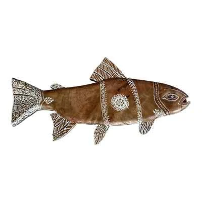Escultura em madeira de peixe suporte de parede design boho henna - Imagem 1 de 4
