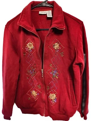 Chaqueta Suéter Cabin Creek Borgoña Floral Bordada con Cremallera Talla Pequeña Foto 1 de 4