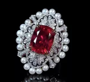 Cushion Lab Ruby & Pearl Cocktail Ring 925 Sterling Silver Party Wear High Jewel - Picture 1 of 5