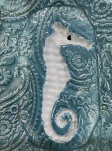 Al’s Pottery Ceramic Plate Trinket Tray Soap Dish Blue With White Seahorse NICE - Picture 1 of 5