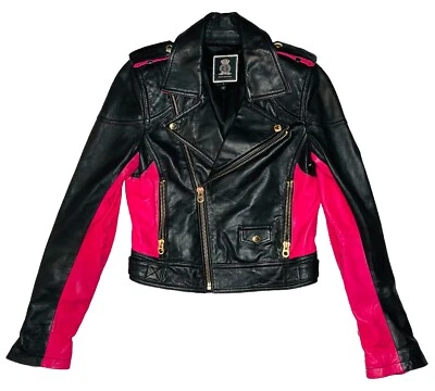 Chaqueta de moto Juicy Couture para mujer negra/rosa intenso 100 % cuero de cordero; S Foto 1 de 4