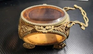 Vintage ORMOLU BRASS Filigree & Beveled GLASS JEWELRY Box CASKET - Picture 1 of 7