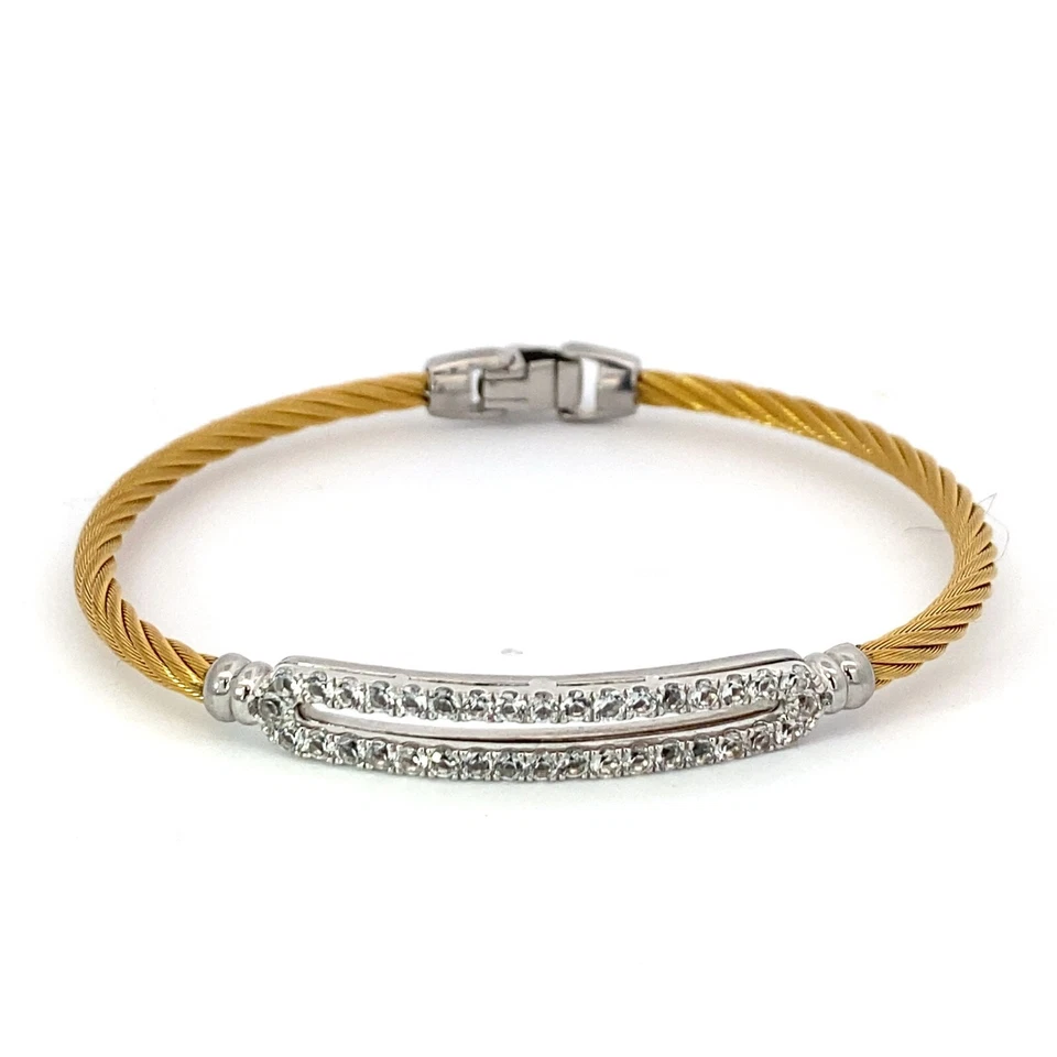 ALOR Classique 14K Gold White Topaz Yellow Steel Cable Bangle Bracelet - Image 1 of 4