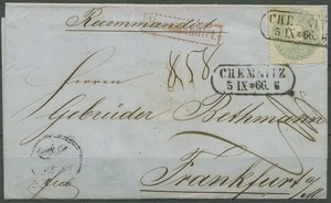 Sachsen Briefhülle mit 5 Ngr 19 a Einschreiben Chemnitz n. Frankfurt (X40129) - Bild 1 von 2