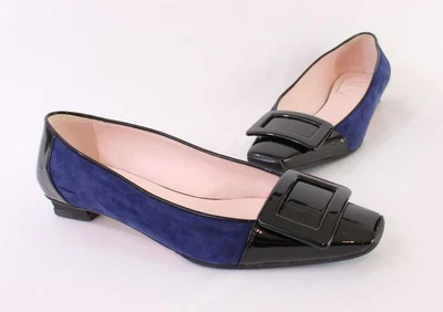 Roger Vivier Nuevo sin caja Azul Marino Gamuza Negro Charol Trompeta Zapato Plano 37 7 Foto 1 de 4