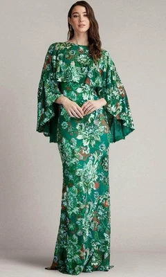 Tadashi Shoji Emerald Green Floral Sequin Cape Evening Gown Size 6 $758 - Image 1 of 4
