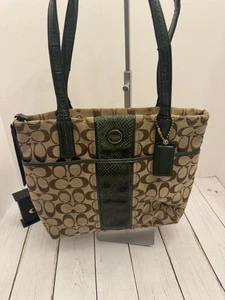 Coach Green Tan Signature Snake Stripe Tote Bag Hangtag F25706 GUC (Straps Wear) - Picture 1 of 11