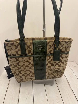 Coach Green Tan Signature Snake Stripe Tote Bag Hangtag F25706 GUC (Straps Wear) - Image 1 of 4