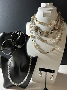 Vtg Set 4 Rhinestone & Acrylic Necklaces(1 Long Necklace) & 2 Pierced Earrings - Picture 1 of 11