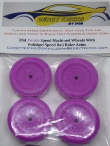 Pinewood Derby Lathed & polished Purple Speed Wheels & Bent Rail Rider Axles - Picture 1 of 5