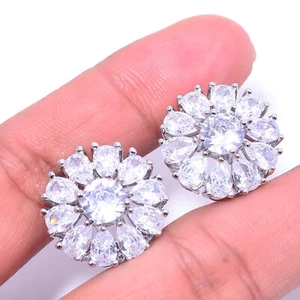 White Topaz Gemstone 925 Sterling Silver Flower Earring 0.78" E2 - Picture 1 of 3