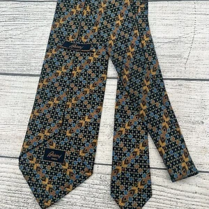Brioni Mens Tie Geometric Striped Gold/Blue Satin Silk Italy 58" - Picture 1 of 5