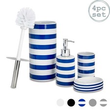 Bathroom Accessories Set 4 pcs - Soap Pump, Dish, Tumbler & Brush - Blue / White