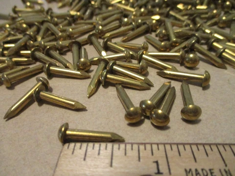 50  NICE VINTAGE 5/8" X #12, SOLID BRASS ESCUTCHEON PINS NAILS, ROUND DOME HEADS Cover