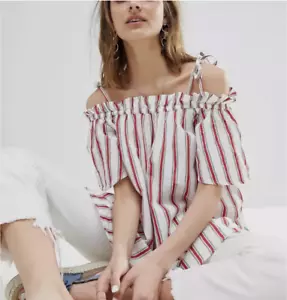 River Island Off-Shoulder Tunic Top 18 Cotton Shoulder Ties Cottage Flirty Beach - Picture 1 of 11
