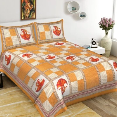 Sábana bajera doble de algodón Jaipuri con estampado floral original indio y 2 fundas de almohada Foto 1 de 3