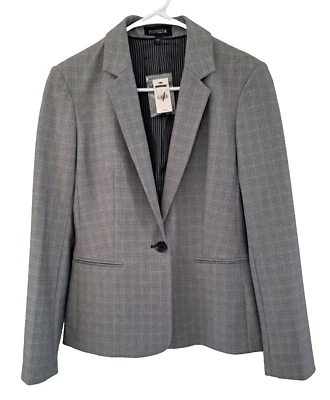 Express 女式 8 码弹力西装夹克灰色格子单扣全衬里新品 — 第 1/4 张图片