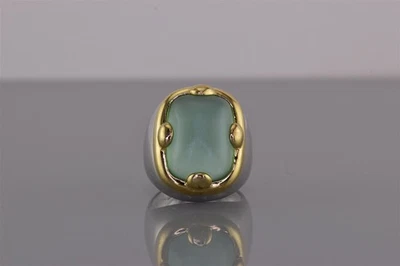 Two Tone Sterling Silver 21mm Domed Green Sea Glass Band Ring 12g 925 Sz: 6 - Image 1 of 4