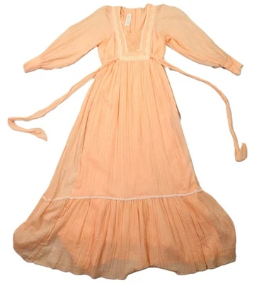 Maxi Vestido Rosa De Colección Años 70 US 4 XS S Cottage Core Pradera Encaje Voile Manga Larga Foto 1 de 4