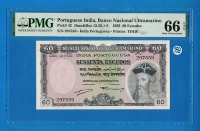 PORTUGUESE INDIA 60 ESCUDOS P# 42 1959 Rare UNC PMG 66 LT 159 - Image 1 of 2